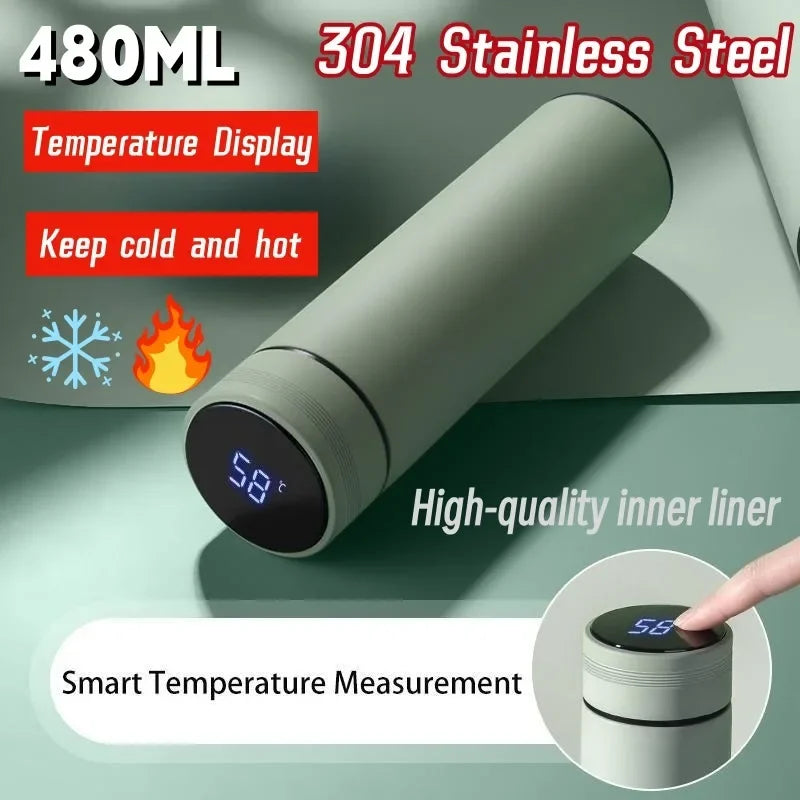 480ml Smart Thermos Bottle – Stainless Steel, Temperature Display, Leakproof Vacuum Flask